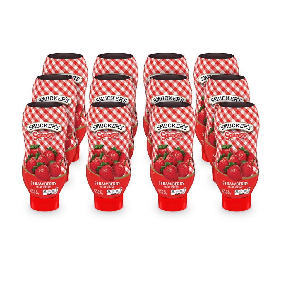 Smucker's Squeeze Strawberry bottle demonstrates easy spreading for quick breakfasts.