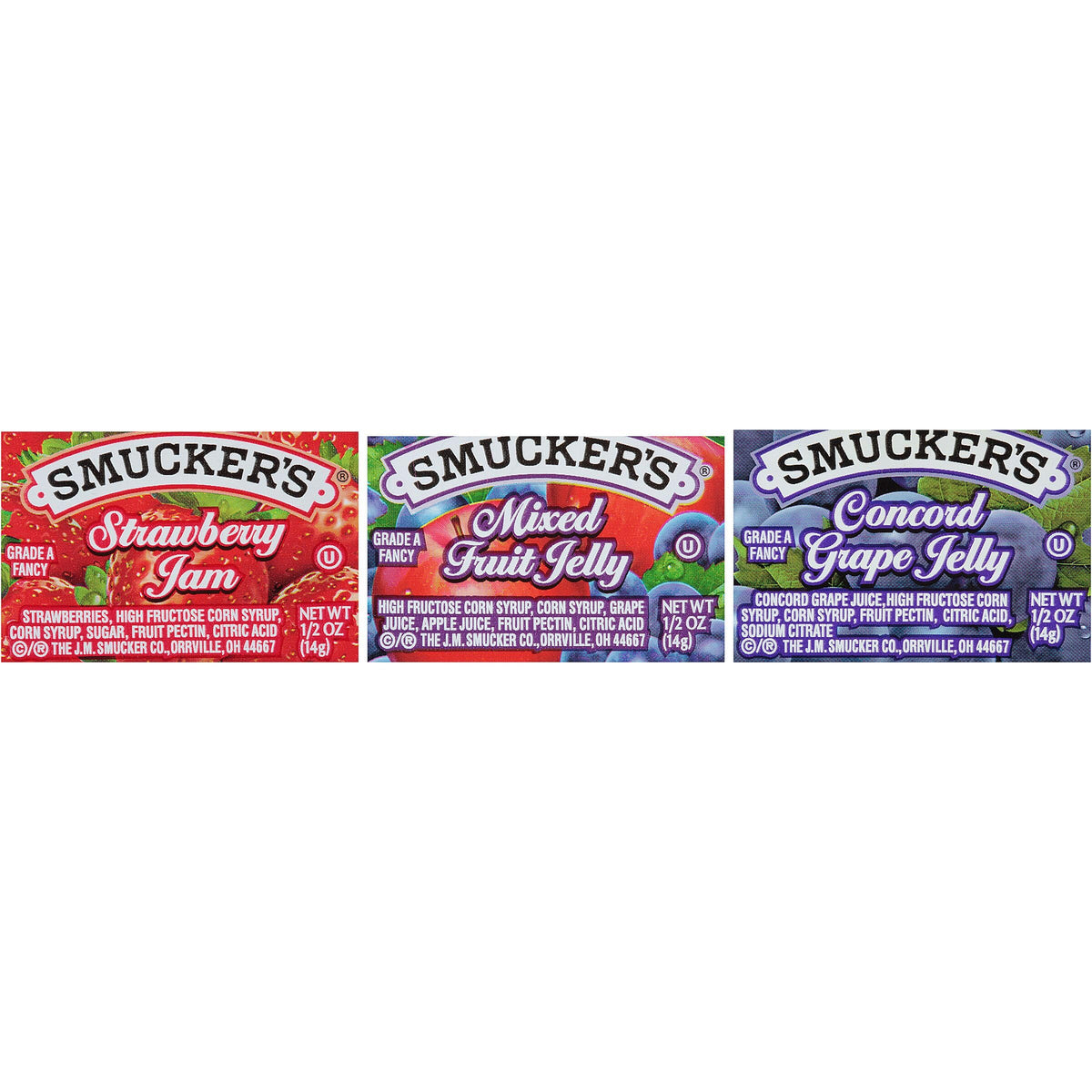 Smucker's strawberry jam half-ounce cup packaging showing portion control and brand.