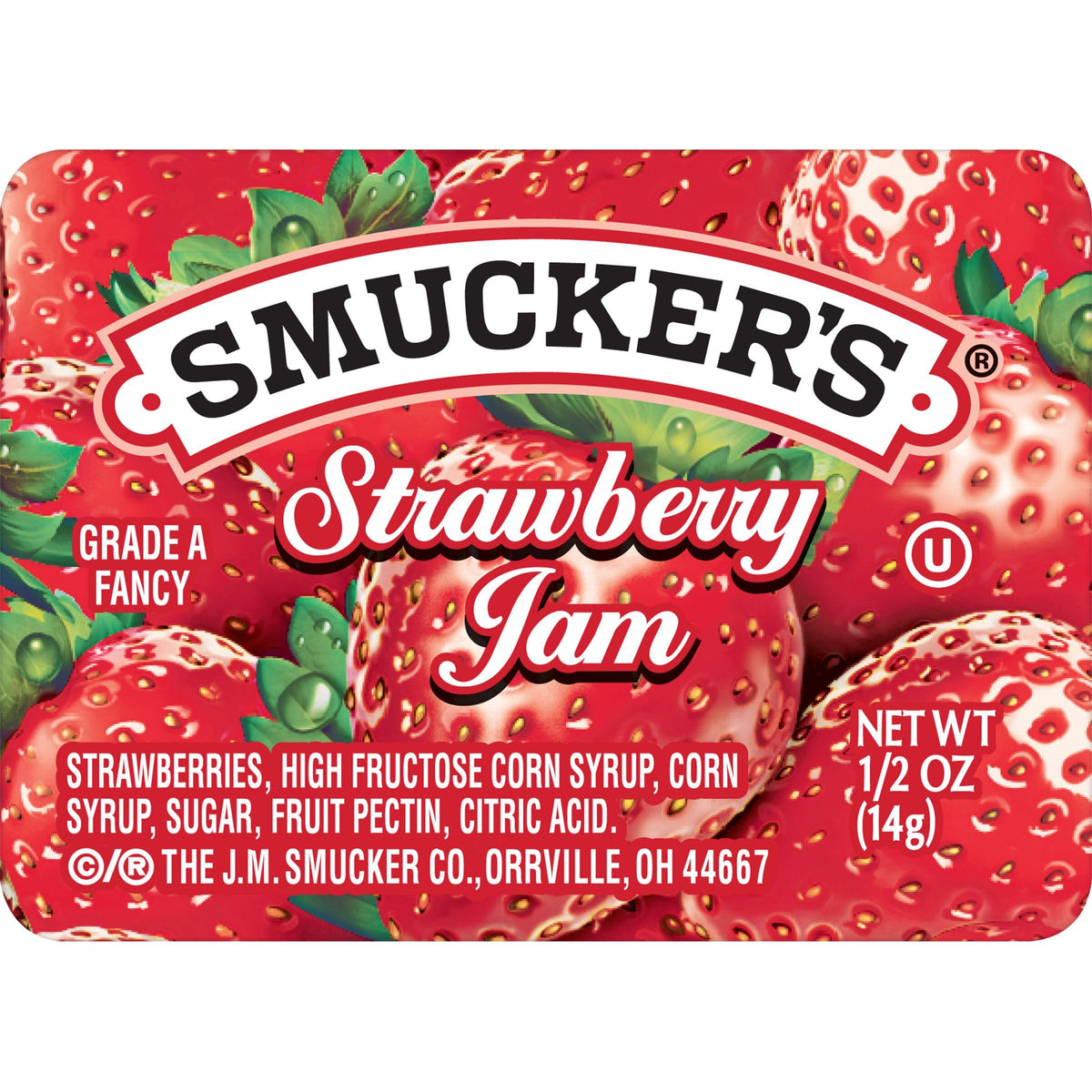 Smucker's strawberry jam half-ounce cups packaging showcases fresh fruit quality for convenient service.