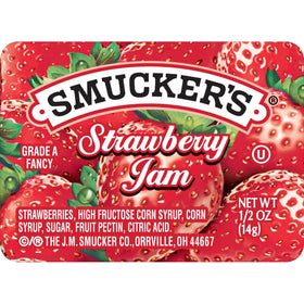 Smucker's strawberry jam half-ounce cups packaging showcases fresh fruit quality for convenient service.