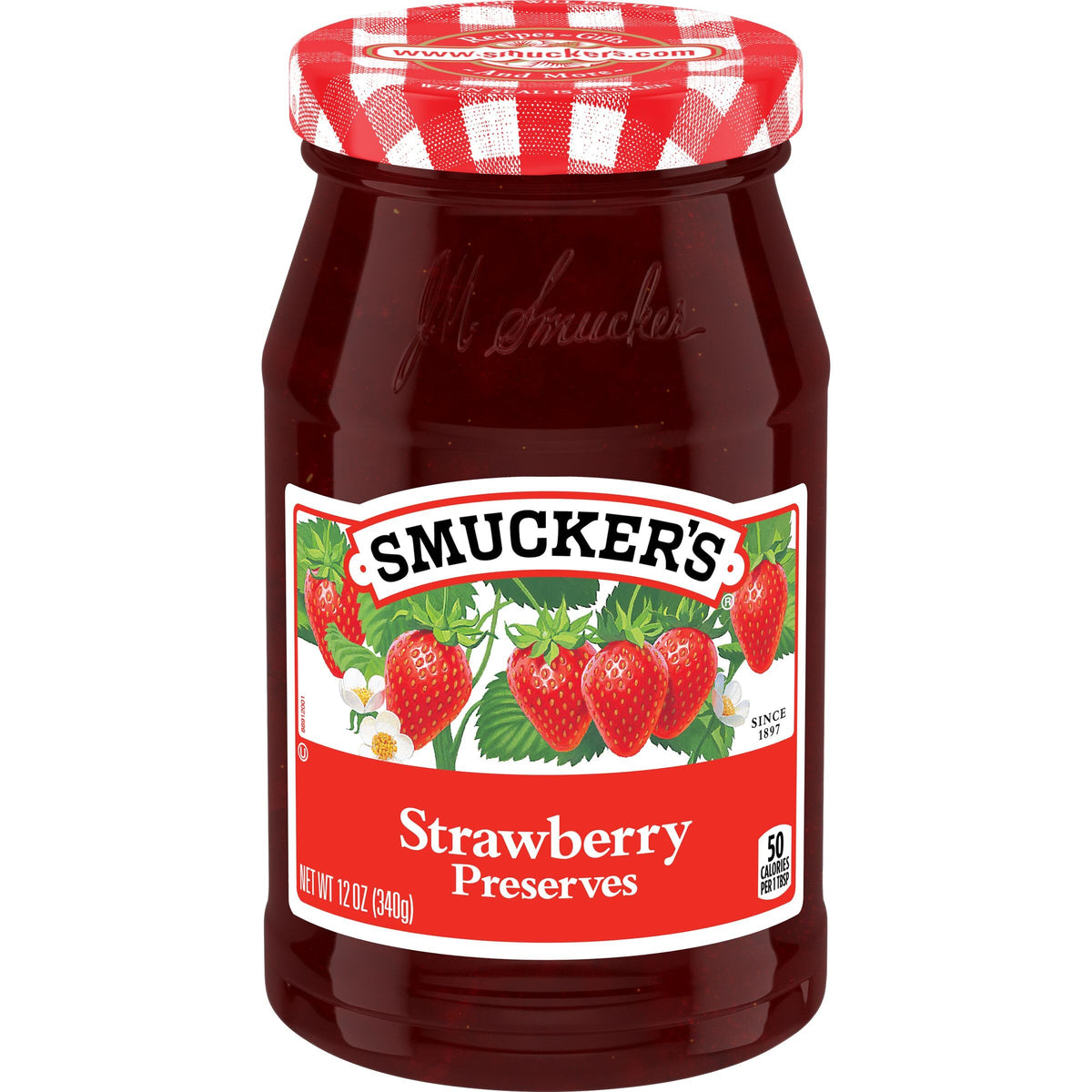 Smucker's Strawberry Preserves jar set with visible fruit pieces, ideal for PB&J.
