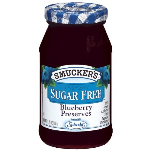 Smucker's Sugar Free Blueberry Preserves jar; rich flavor, ideal on toast, yogurt, or pancakes.