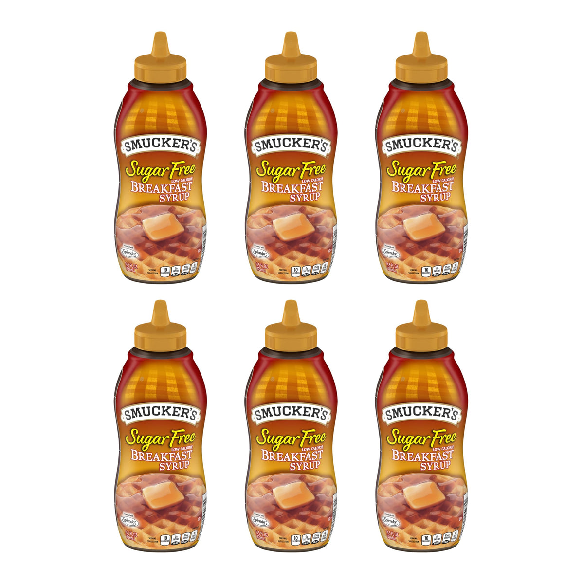 Smucker's Sugar Free Breakfast Syrup six-pack bottles for quick breakfasts.