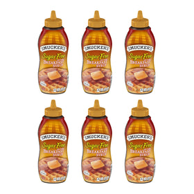 Smucker's Sugar Free Breakfast Syrup six-pack bottles for quick breakfasts.