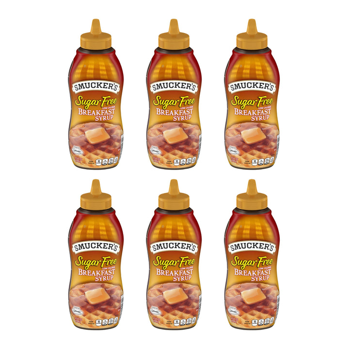 Smucker's Sugar Free Breakfast Syrup six-pack bottles for quick breakfasts.