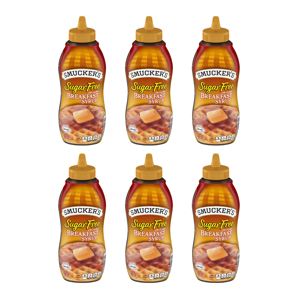 Smucker's Sugar Free Breakfast Syrup six-pack bottles for quick breakfasts.