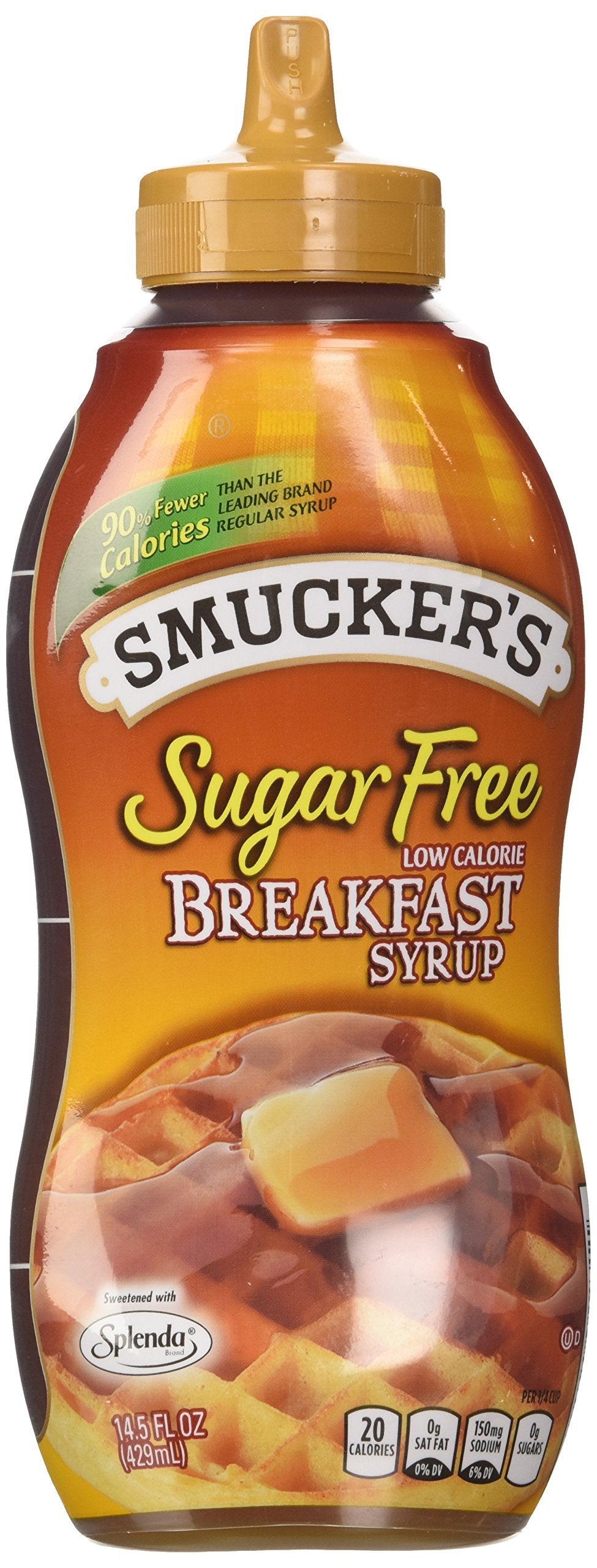 Smucker's Sugar Free Breakfast Syrup bottle front view, zero sugar option for pancakes.
