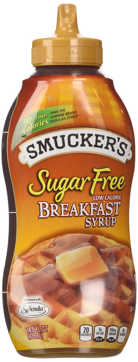 Smucker's Sugar Free Breakfast Syrup bottle front view, zero sugar option for pancakes.