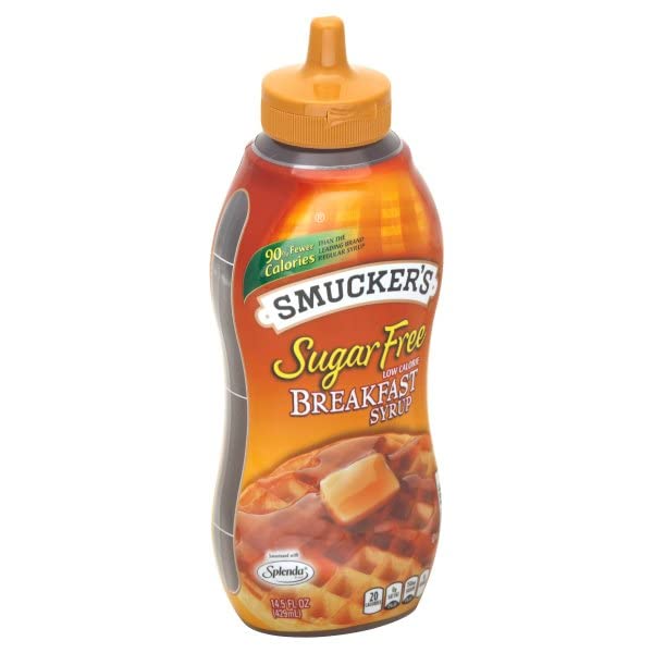 Smucker's Sugar Free Breakfast Syrup pouring stream over a breakfast bowl.
