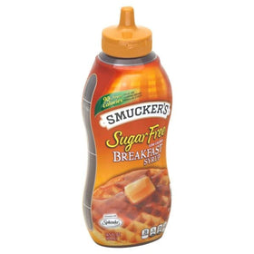 Smucker's Sugar Free Breakfast Syrup pouring stream over a breakfast bowl.