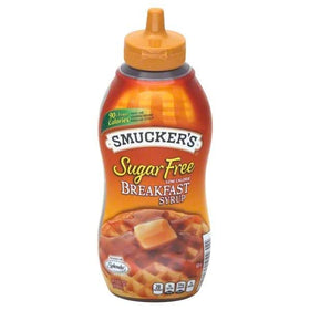 Smucker's Sugar Free Breakfast Syrup label close-up showing Splenda-sweetened formula.