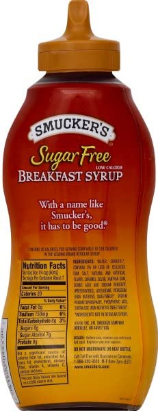 Smucker's Sugar Free Breakfast Syrup drizzled on oatmeal and fresh fruit.