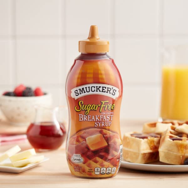 Smucker's Sugar Free Breakfast Syrup on pancakes and waffles, ideal for a light breakfast.