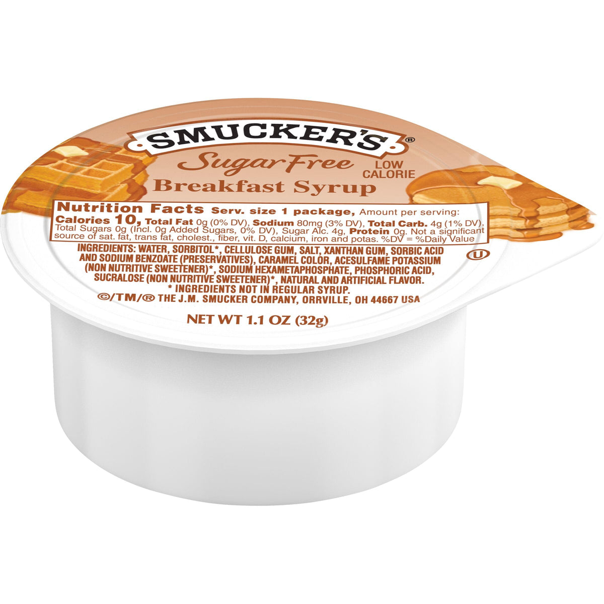 Smucker's Sugar Free Breakfast Syrup portion cup close-up, convenient 1.1 oz serving for quick breakfasts.