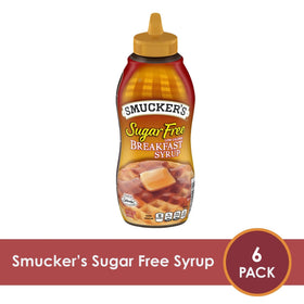 Smucker's Sugar Free Breakfast Syrup pour-bottle close-up for easy drizzle on pancakes.