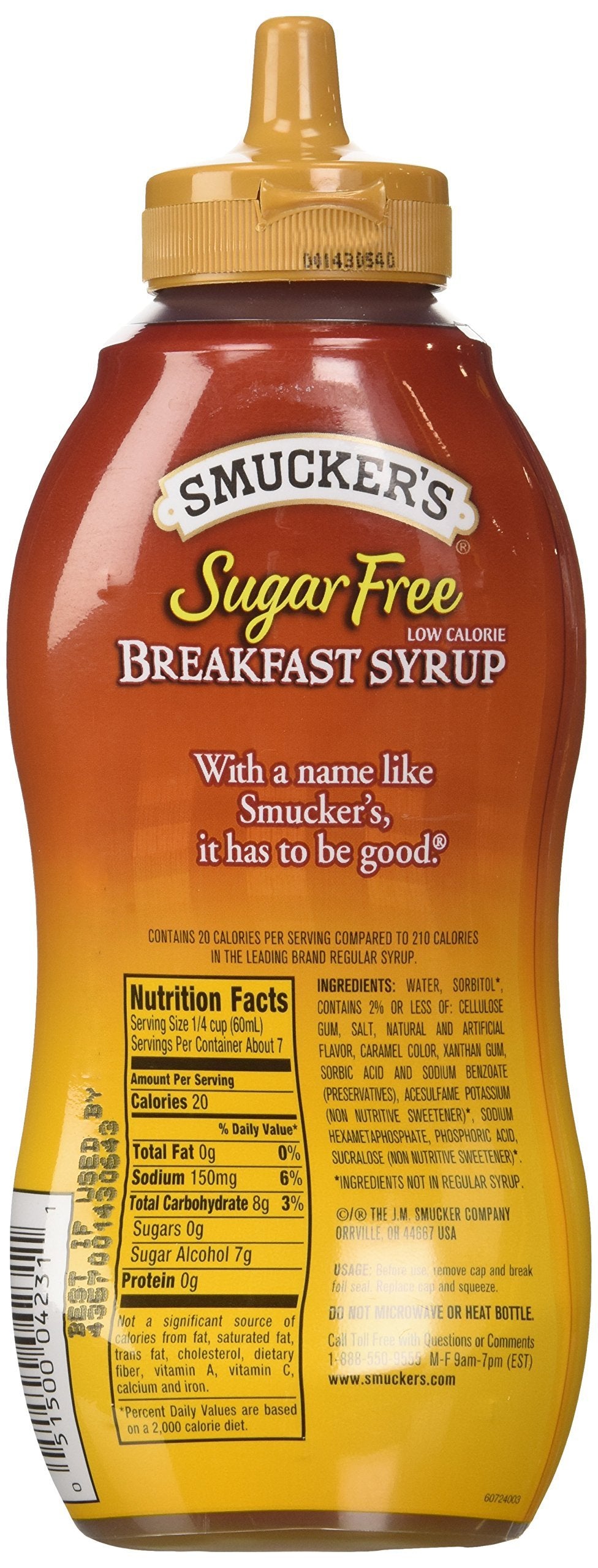 Smucker's Sugar Free Breakfast Syrup being poured over pancakes, sugar-free breakfast sweetness.