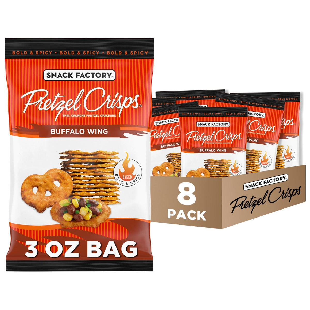 Snack Factory Buffalo Wing Pretzel Crisps on-the-go bag highlighting convenient snacking with bold flavor