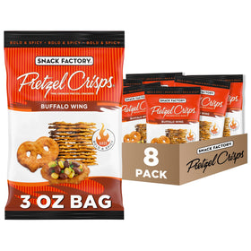 Snack Factory Buffalo Wing Pretzel Crisps on-the-go bag highlighting convenient snacking with bold flavor