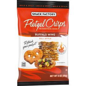Snack Factory Buffalo Wing Pretzel Crisps open bag inviting quick flavor moments