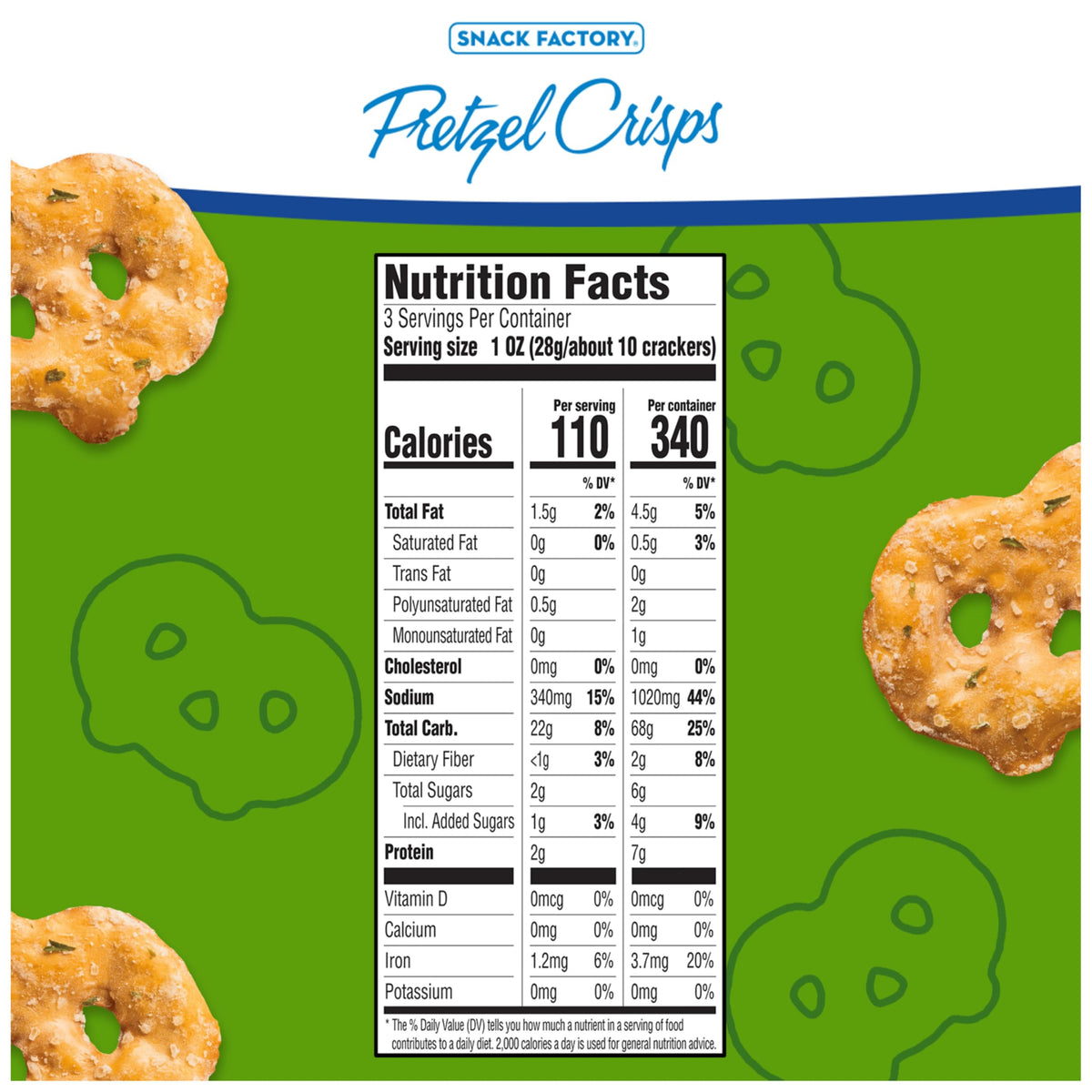 Snack Factory Garlic Parmesan Pretzel Crisps bag side; convenient on-the-go packaging