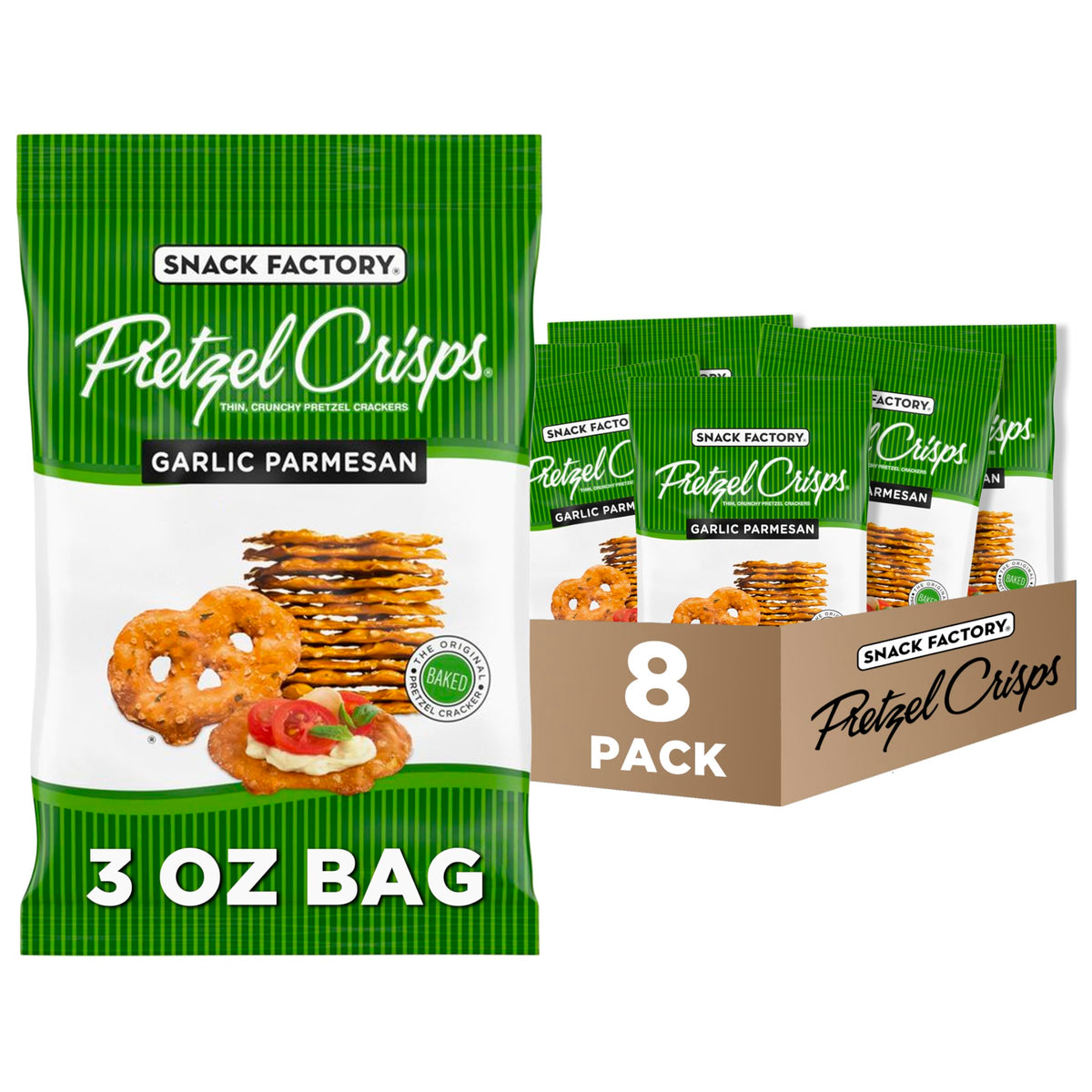 Snack Factory Garlic Parmesan Pretzel Crisps front view; thin, savory, and crunchy bite potential