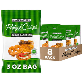 Snack Factory Garlic Parmesan Pretzel Crisps front view; thin, savory, and crunchy bite potential