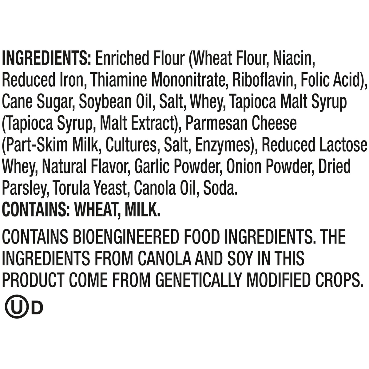 Snack Factory Garlic Parmesan Pretzel Crisps ingredients close-up; quality baked flavor