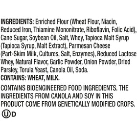 Snack Factory Garlic Parmesan Pretzel Crisps ingredients close-up; quality baked flavor