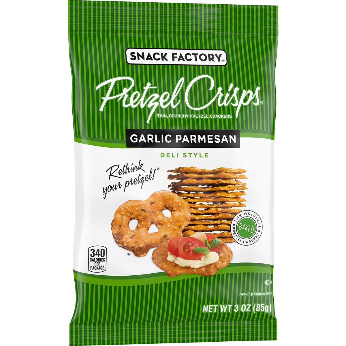 Snack Factory Garlic Parmesan Pretzel Crisps on-the-go snack; portable 3-ounce bag