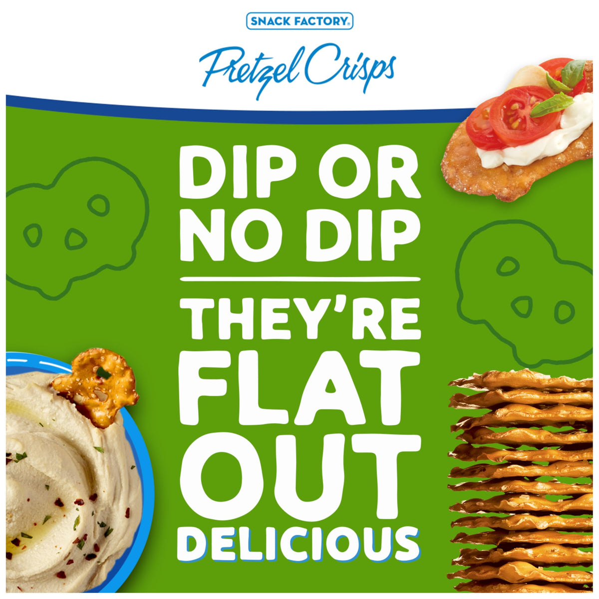 Snack Factory Garlic Parmesan Pretzel Crisps with dips; pairs with hummus or veggie dips