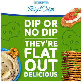 Snack Factory Garlic Parmesan Pretzel Crisps with dips; pairs with hummus or veggie dips