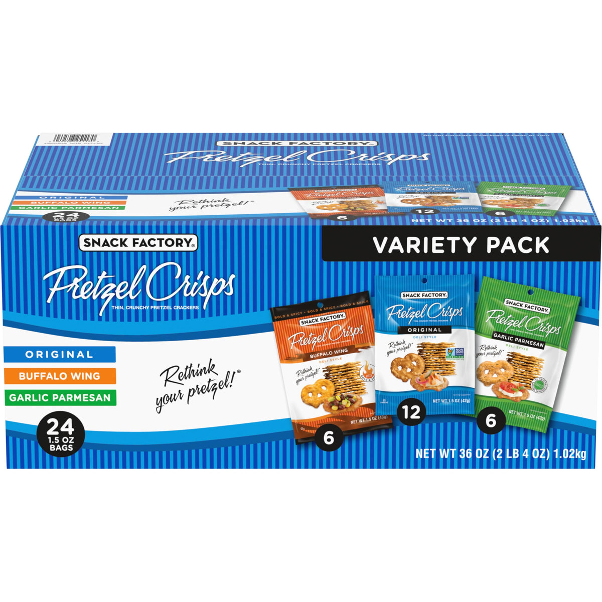 Snack Factory Pretzel Crisps Original: classic crunch, ideal for dips and on-the-go.
