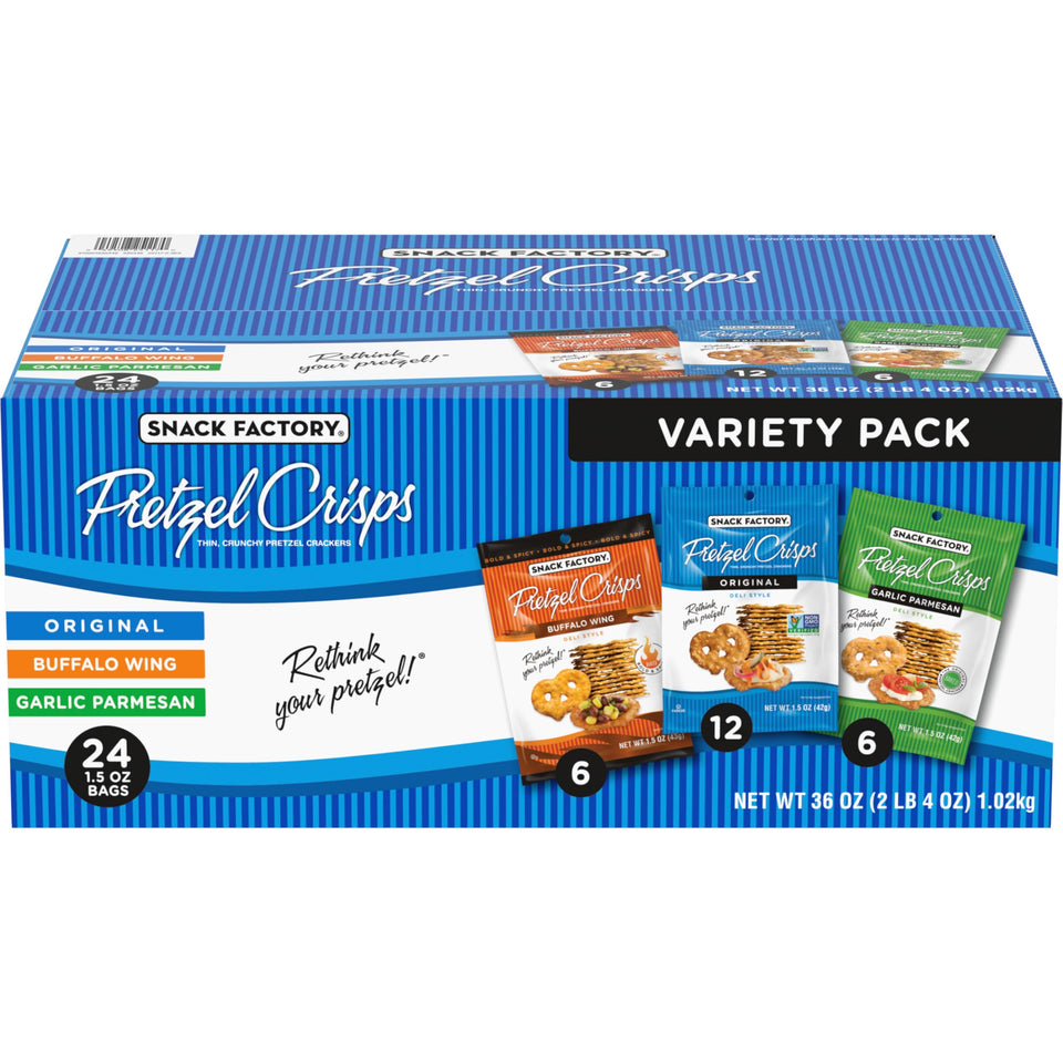 Snack Factory Pretzel Crisps Original: classic crunch, ideal for dips and on-the-go.