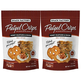 Snack Factory Pretzel Crisps Honey Mustard and Onion bag front highlights bold flavor for on-the-go snacking.