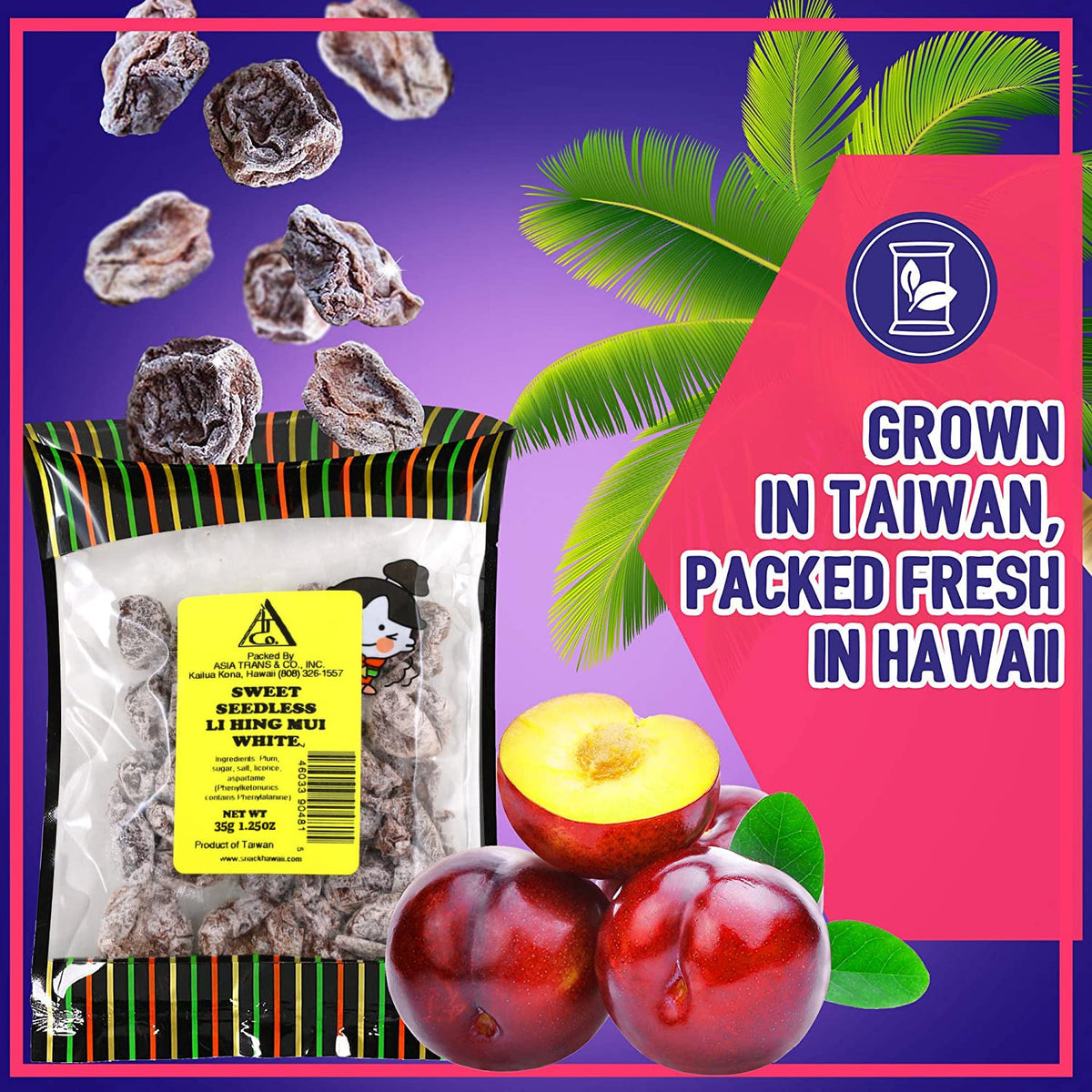 Snack Hawaii Li Hing Mui plums in bag emphasize convenient, ready-to-eat trail snack