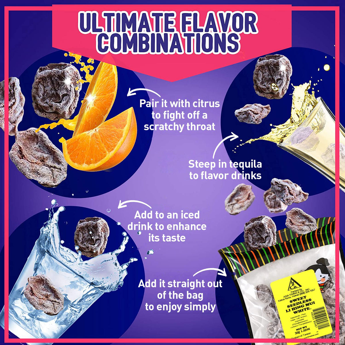 Snack Hawaii seedless Li Hing Mui plums on a plate show chewy bite for a playful snack
