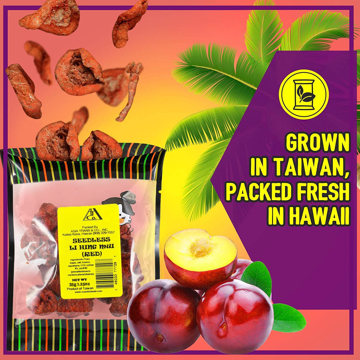 Snack Hawaii seedless red Li Hing Mui crack seed plums ingredients visible