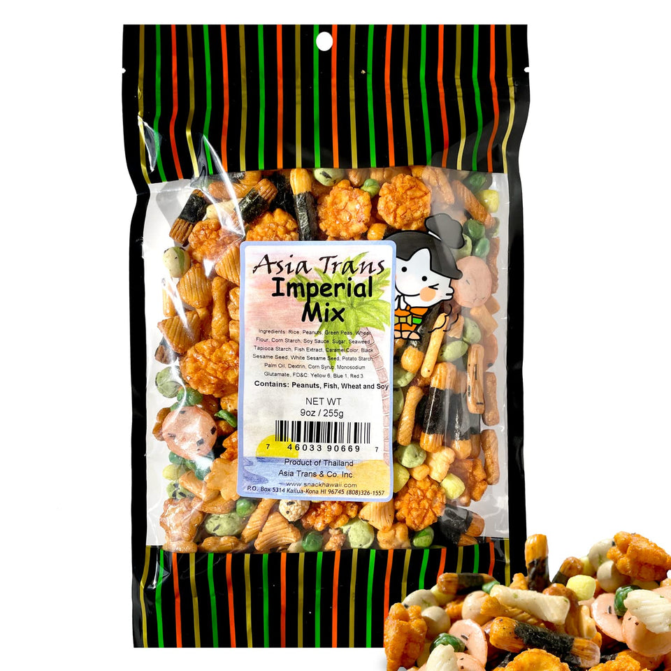Snack Hawaii Traditional Imperial Mix Arare crackers with soy glaze—beach-ready snack.