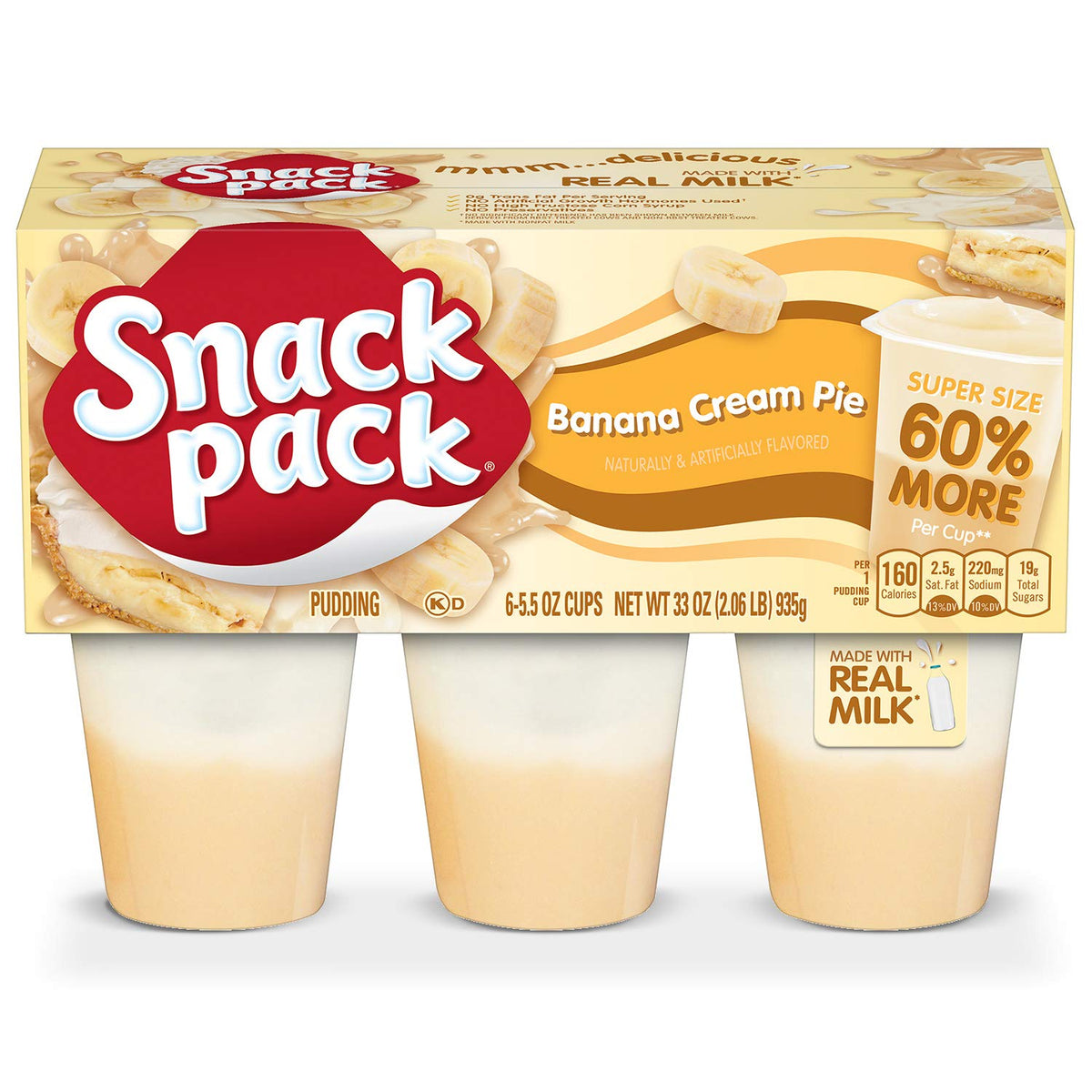 Snack Pack Banana Cream Pie pudding cups, front view, convenient on-the-go treat.