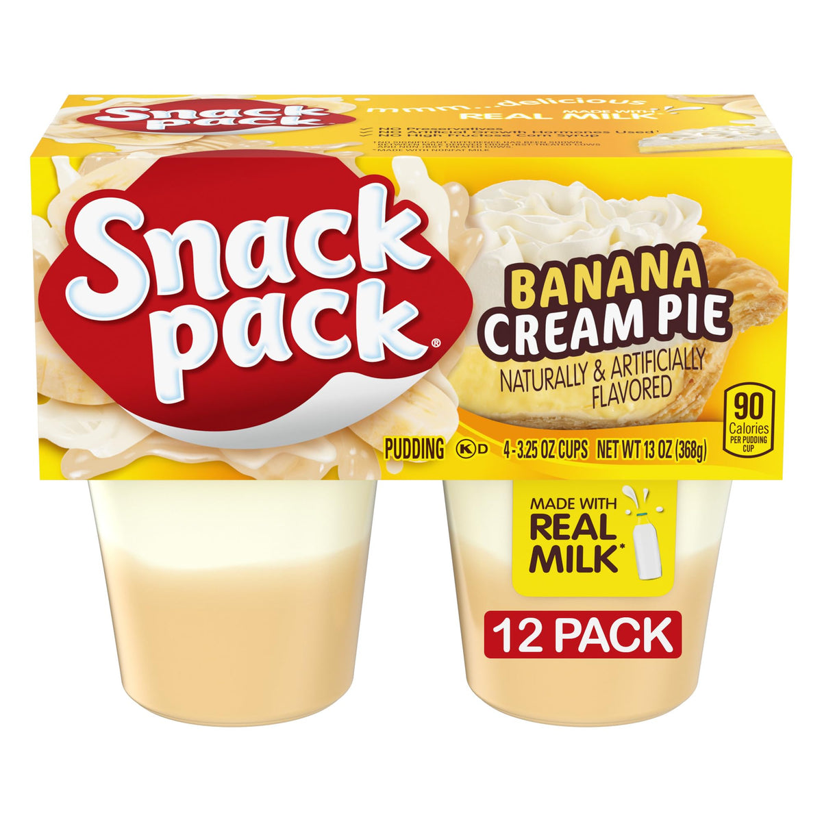 Snack Pack Banana Cream Pie pudding cups, front view, ideal lunchbox snack.
