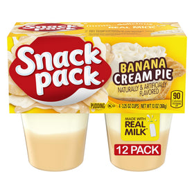 Snack Pack Banana Cream Pie pudding cups, front view, ideal lunchbox snack.