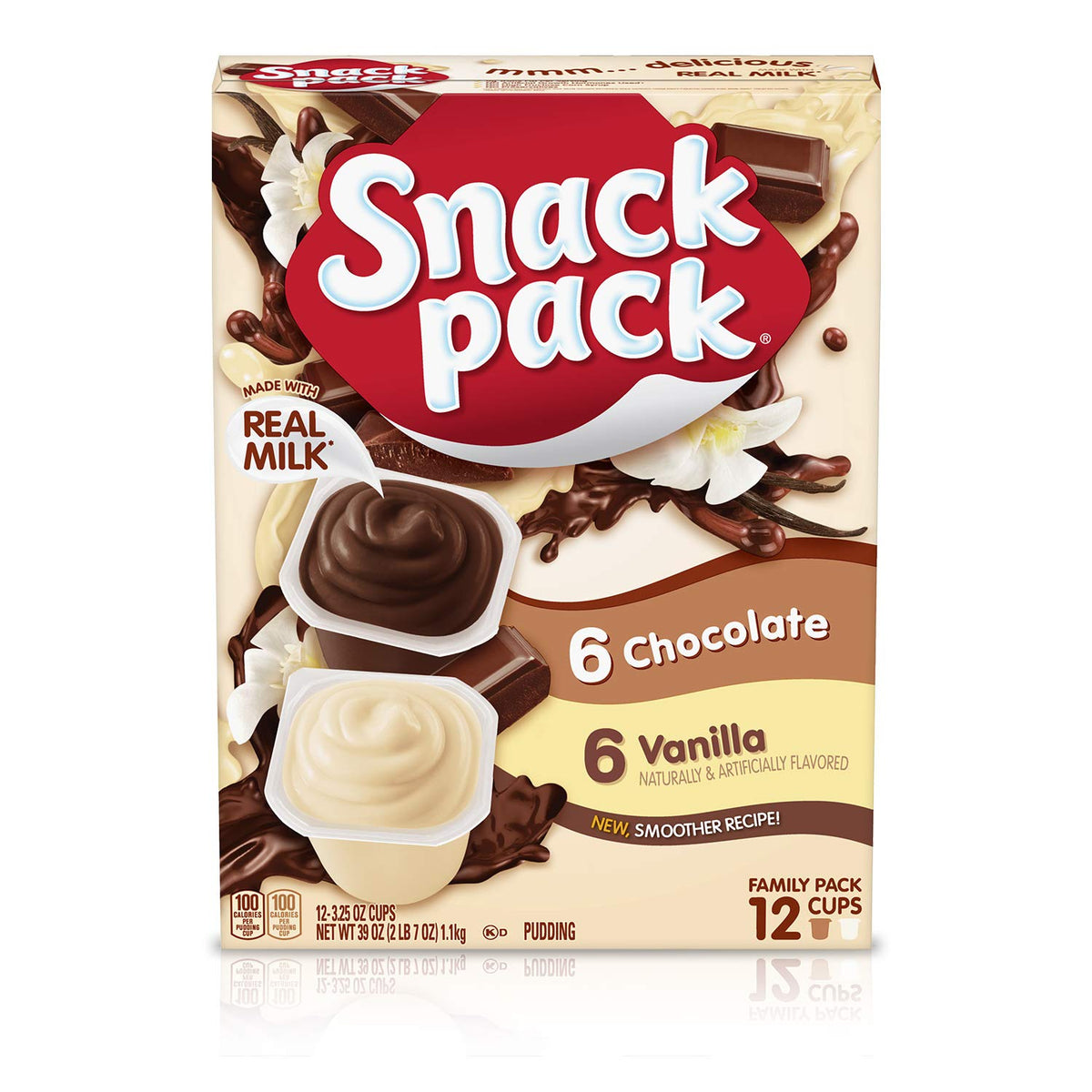 Snack Pack chocolate and vanilla pudding cups family pack front view for easy family snacking.