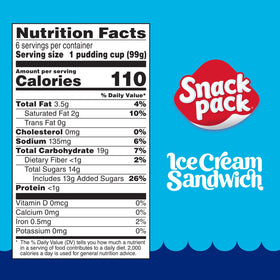 Snack Pack Ice Cream Sandwich Pudding Cups calorie badge shows portion control.