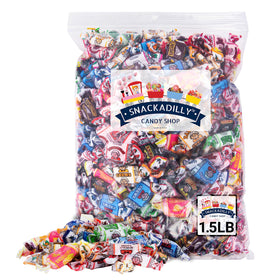 Snackadilly Fruit Chews 1.5 lb packaging display with all 15 flavors, ideal for parties.