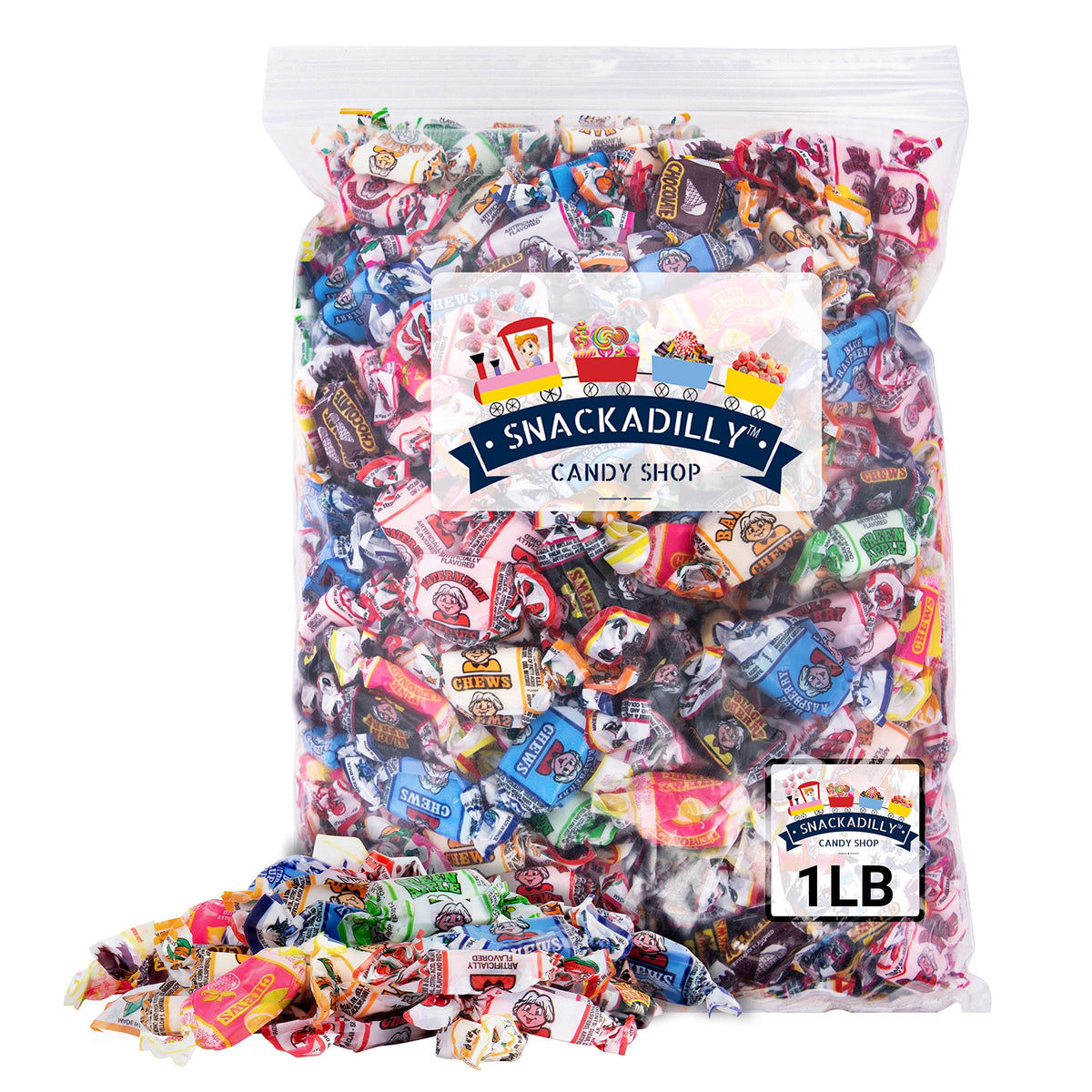 Snackadilly Fruit Chews 1lb assortment on a colorful platter, ideal for party snacking.