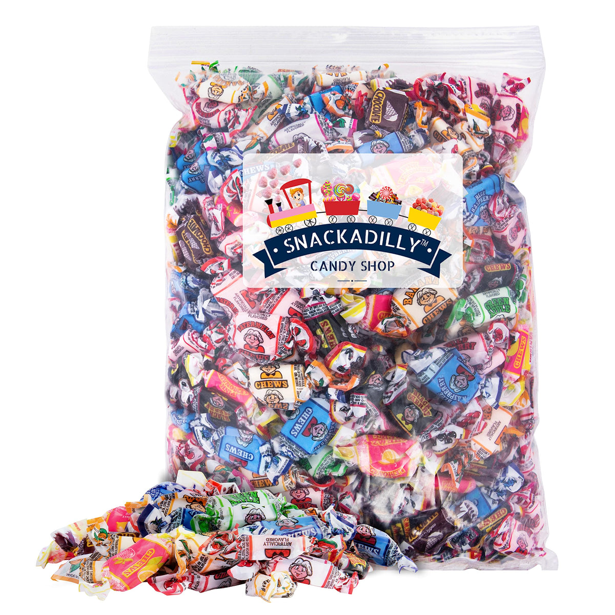 Snackadilly fruit chews bulk 2lb bag with assorted flavors for party bowls.