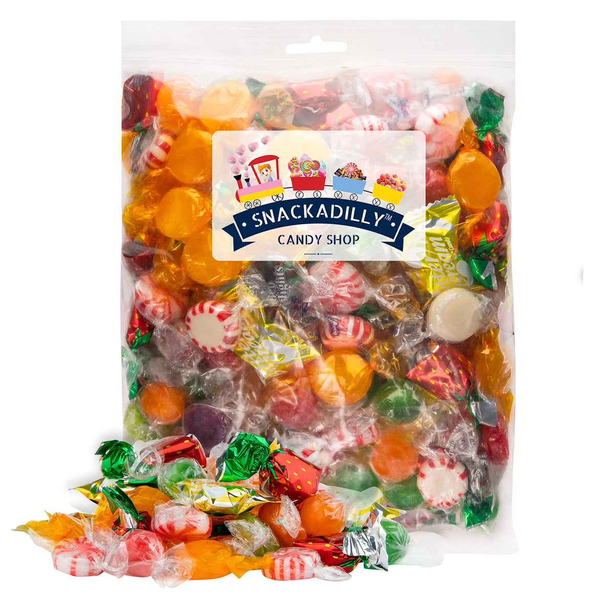 Snackadilly hard candy mix displayed in a colorful candy dish for gatherings.