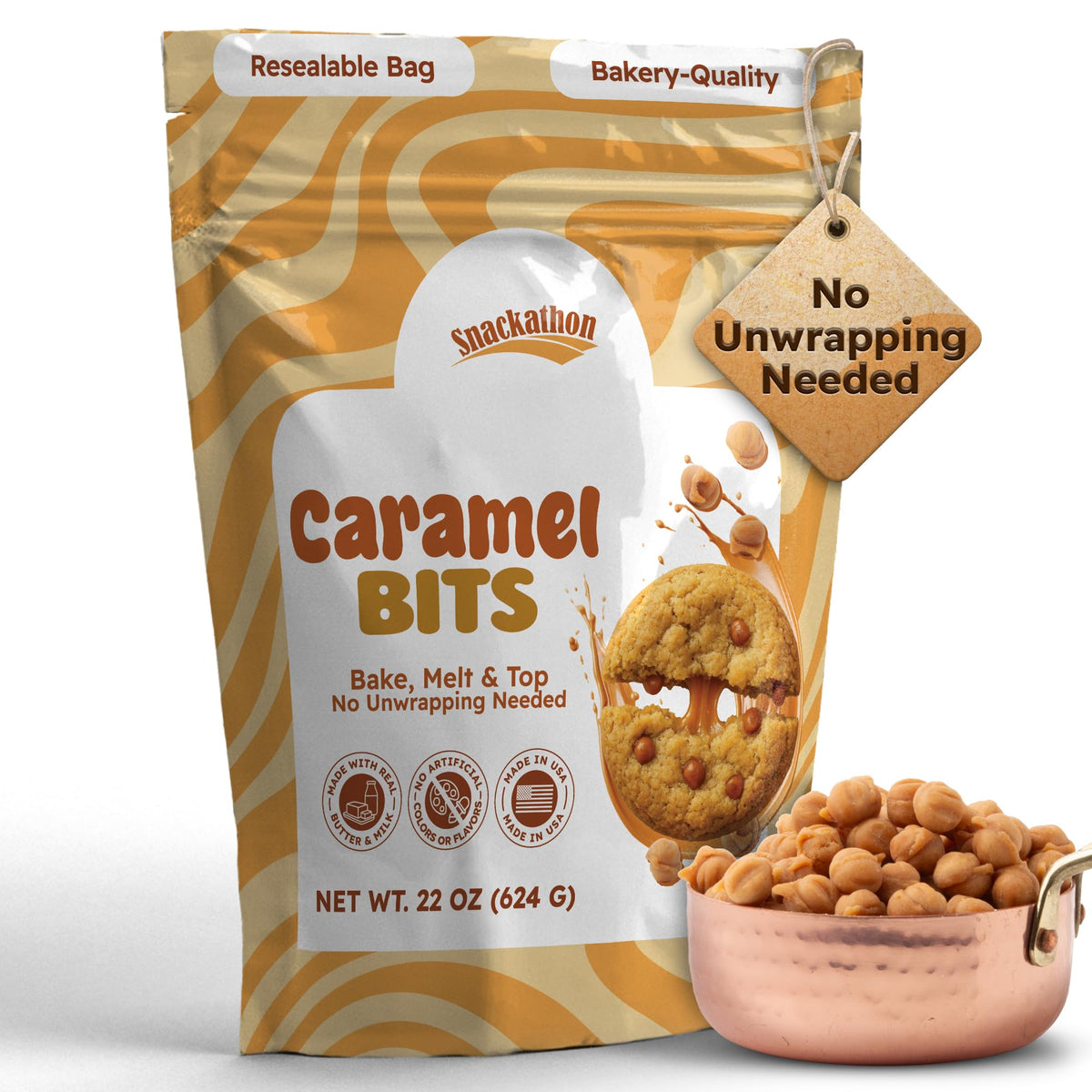Snackathon Caramel Bits bulk bag for easy, large-batch baking and candy making.