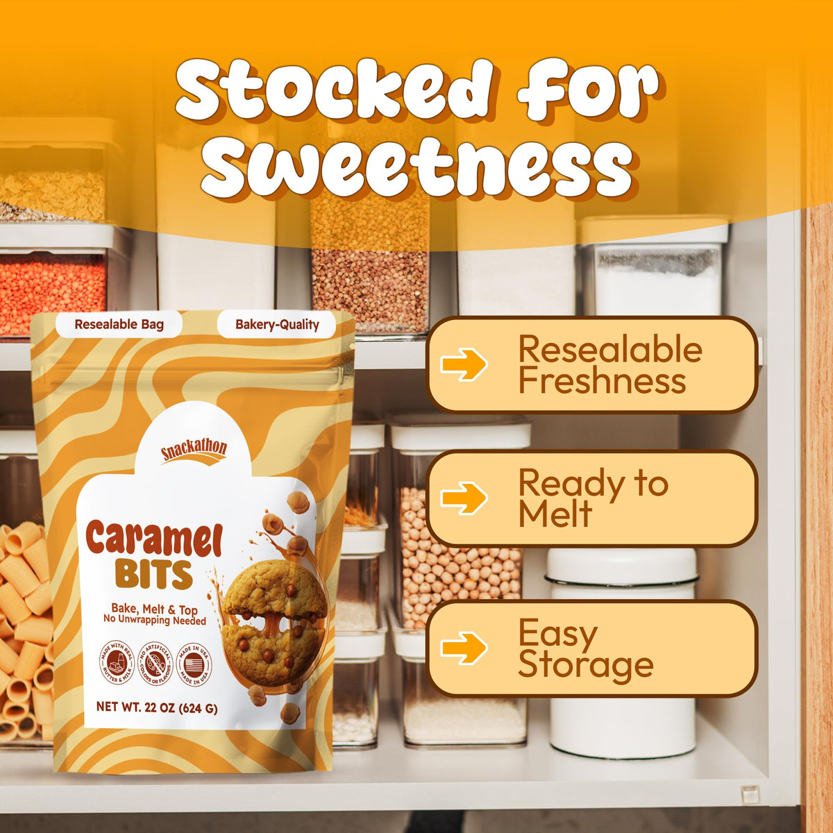 Snackathon Caramel Bits resealable pouch keeping freshness after opening.