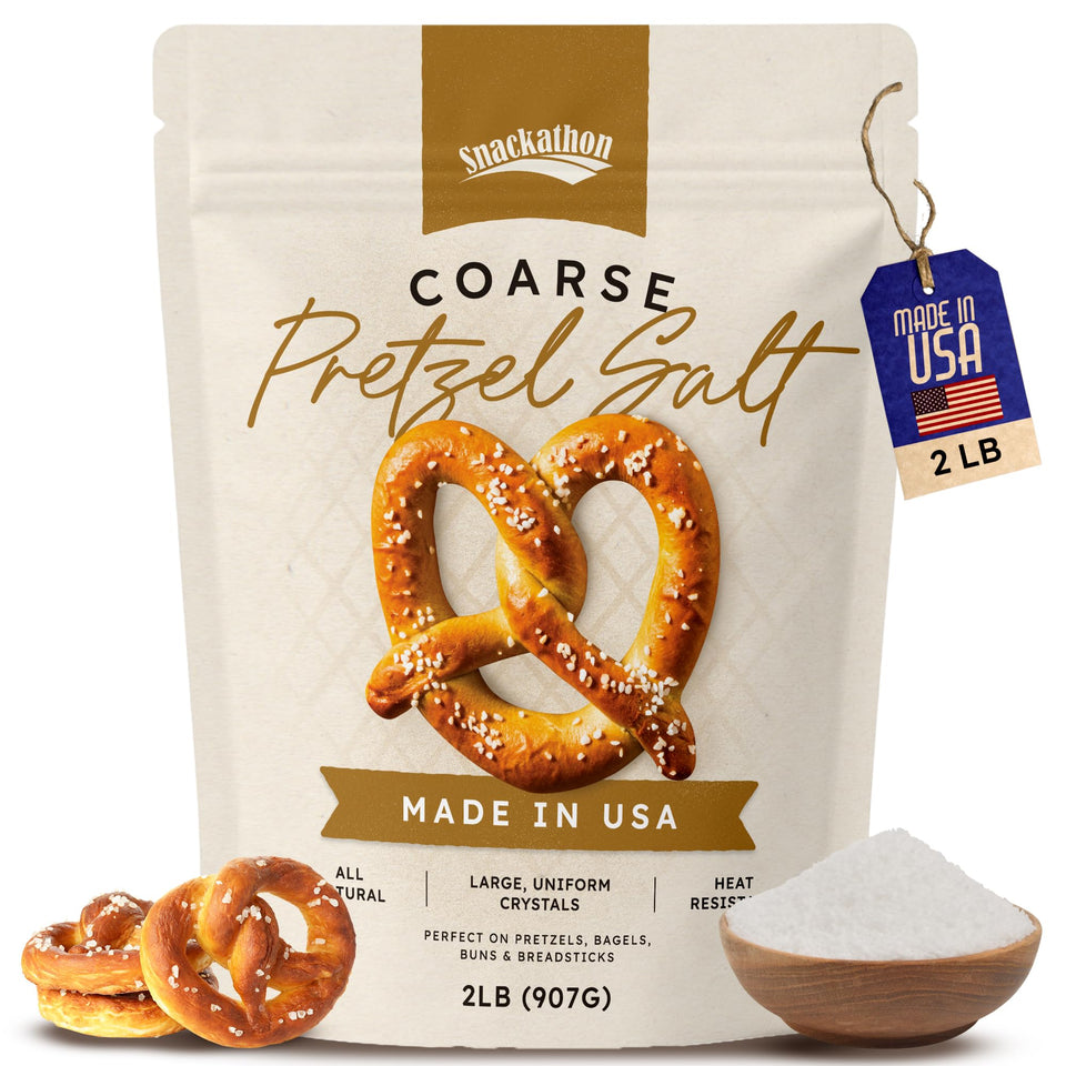 Snackathon coarse pretzel salt heat-resistant crystals ideal for oven-baked snacks.